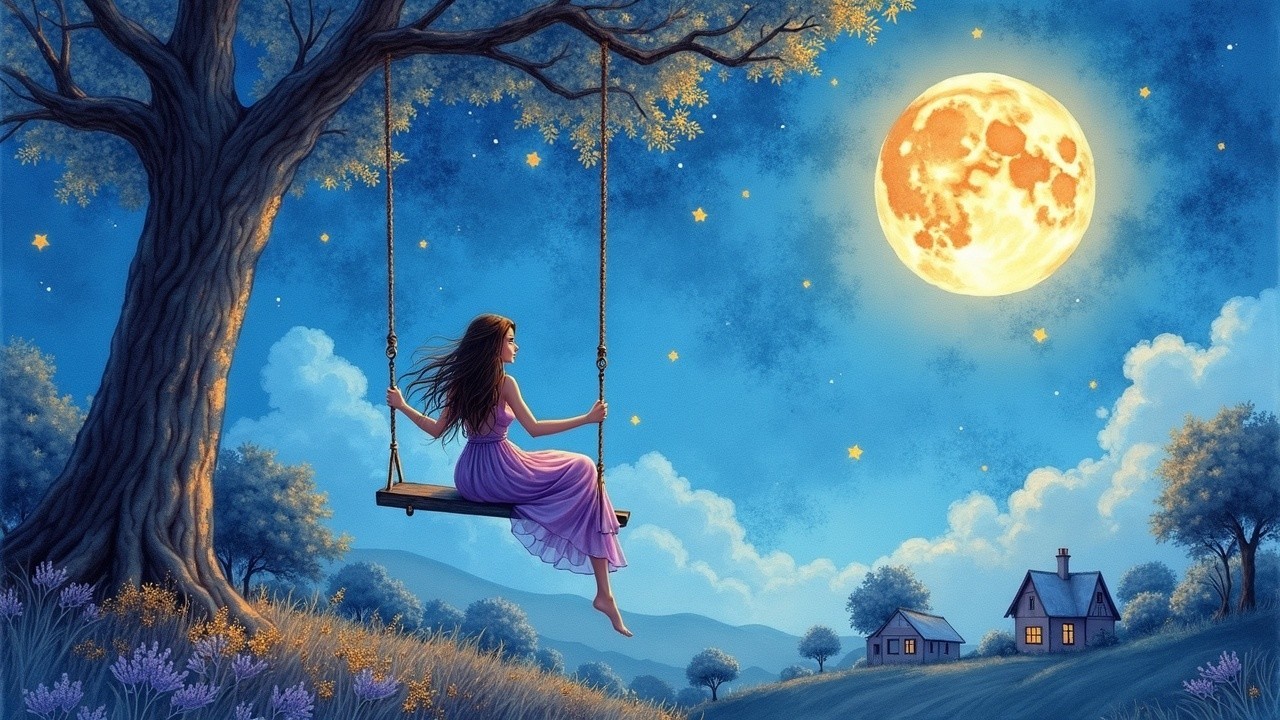 Tranquil Landscape Under Full Moon with Swinging Woman