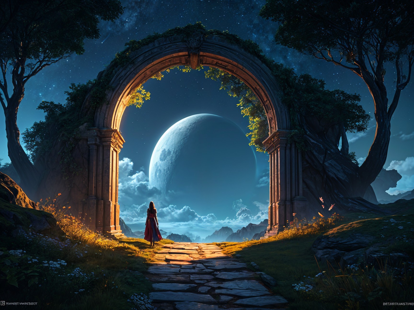 Fantastical Scene with Stone Archway and Celestial View