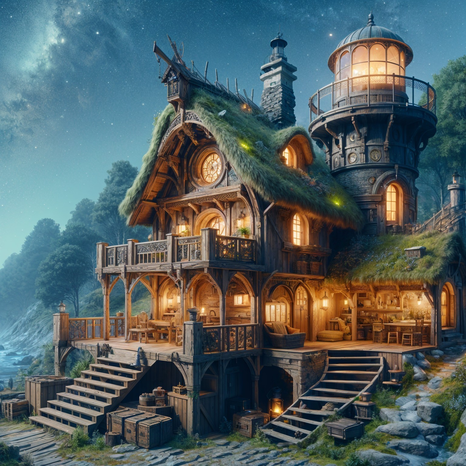 Whimsical Cottage by the Shore with Tower and Lights