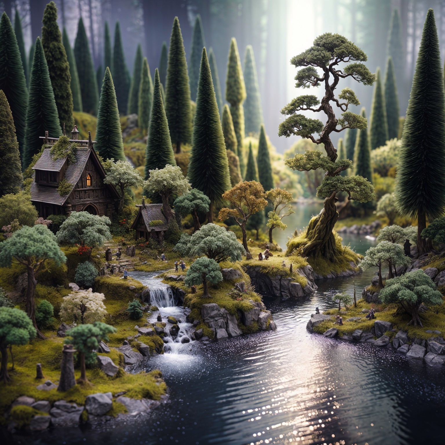 Serene forest scene with cabin and sparkling river