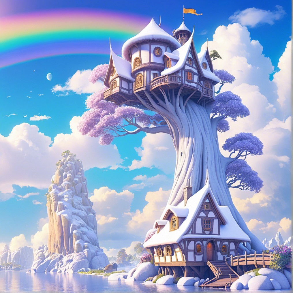 Whimsical treehouse with blossoms and rainbow scene