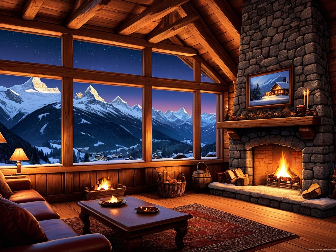 Rustic cabin interior with stone fireplace and mountains