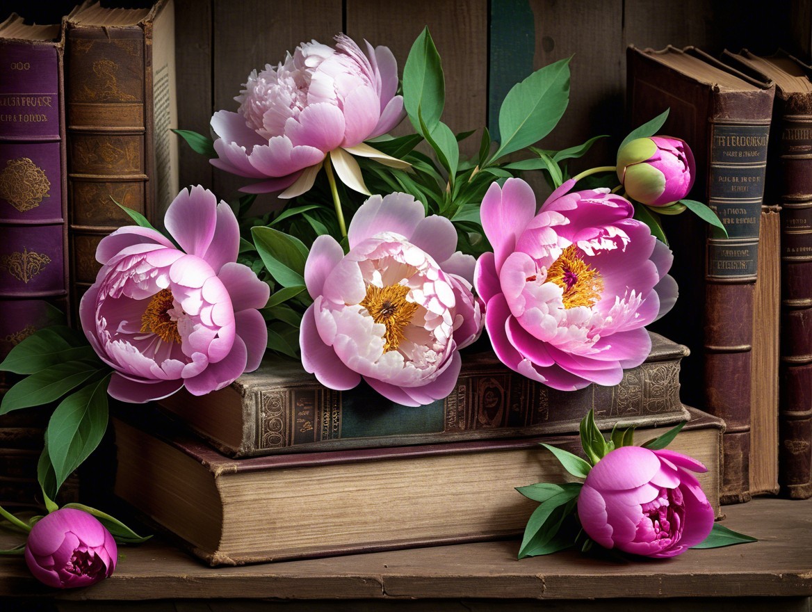 Pink Peonies on Vintage Books in Soft Natural Light