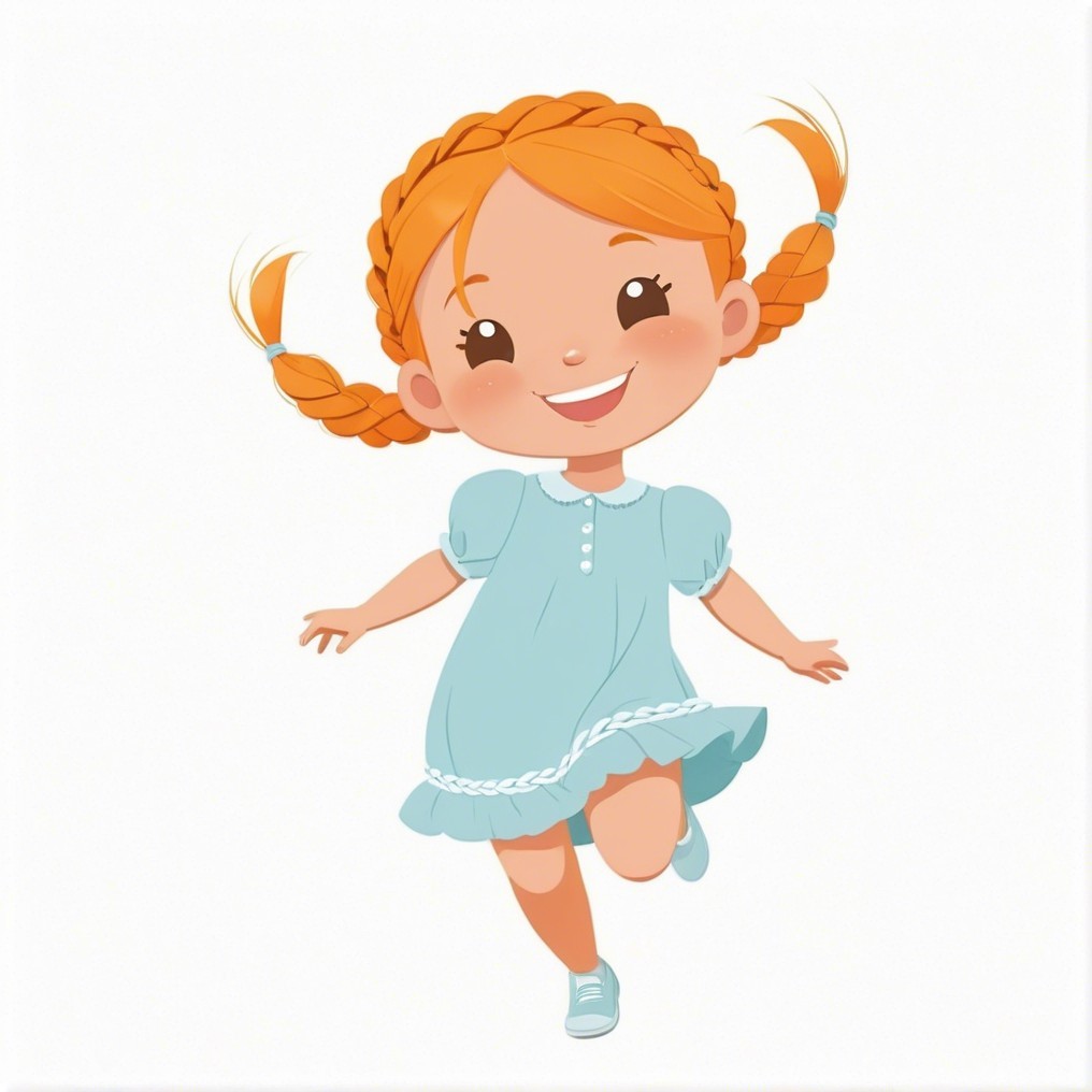 Cheerful Young Girl with Orange Braids in Blue Dress