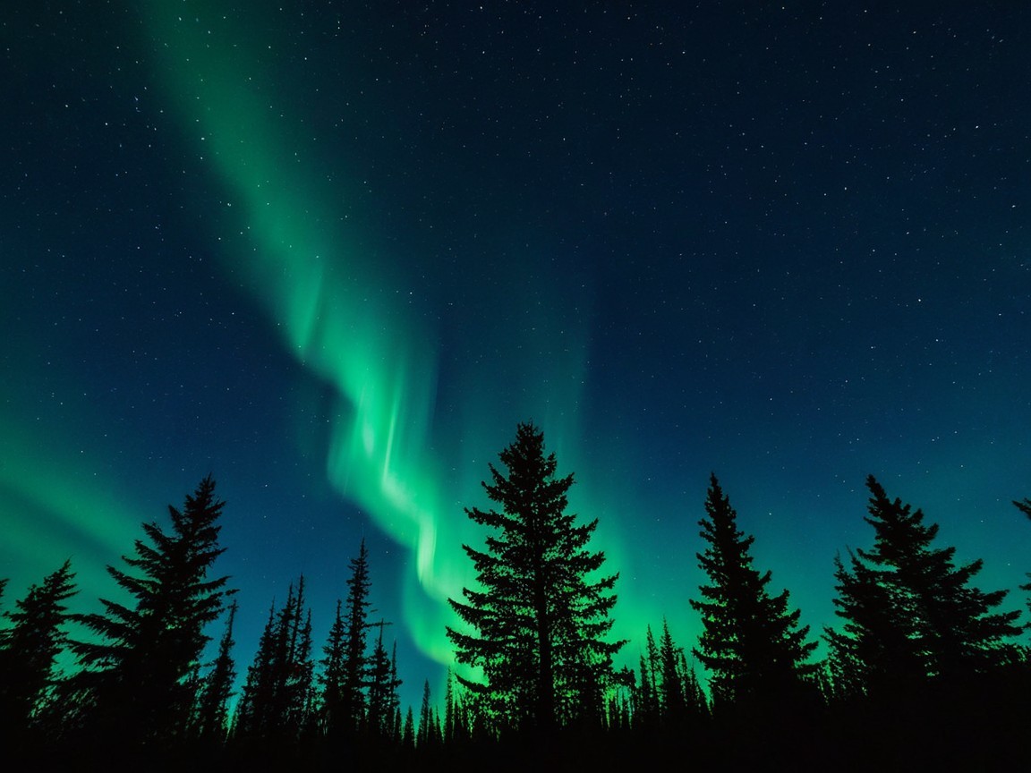 Northern Lights Illuminate Night Sky with Pine Silhouettes