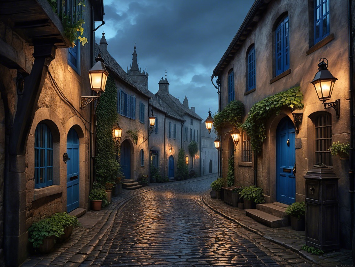 Charming Cobblestone Street Under Twilight Sky