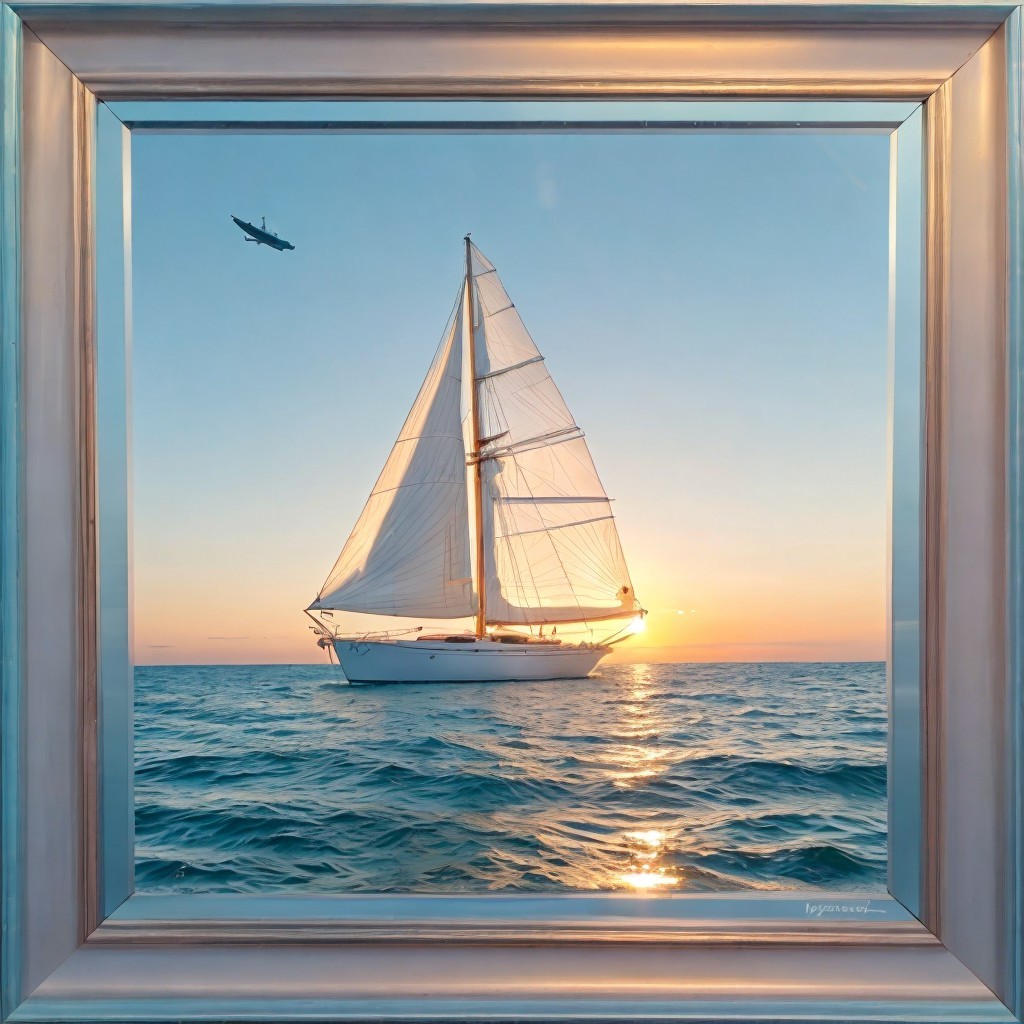 White Yacht Sailing at Sunset Over Calm Waters