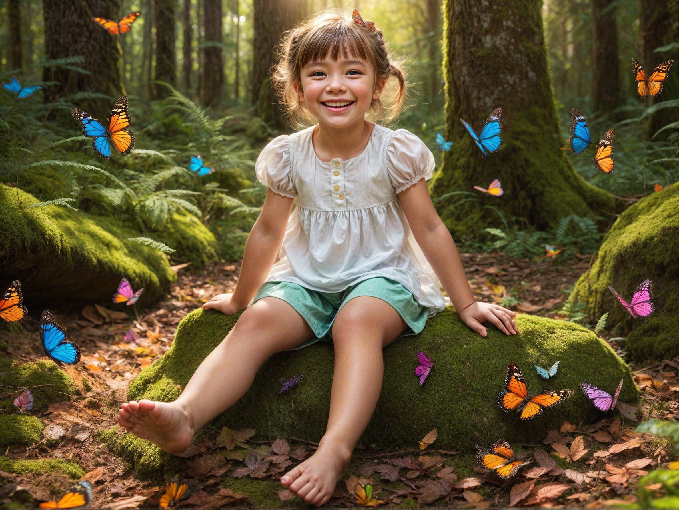 Joyful girl on mossy rock in sunlit forest scene