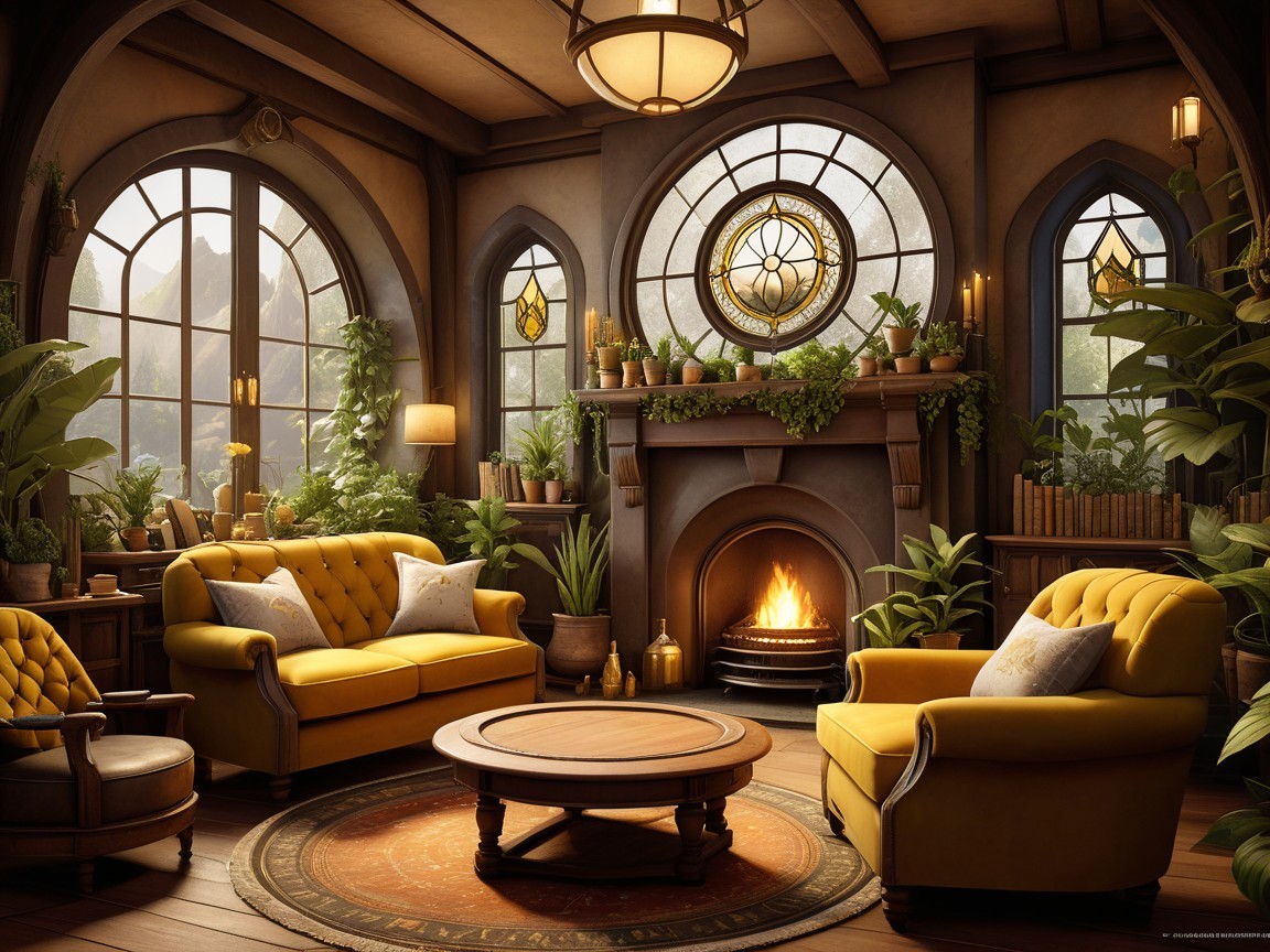 Cozy room with arched windows and fireplace ambiance