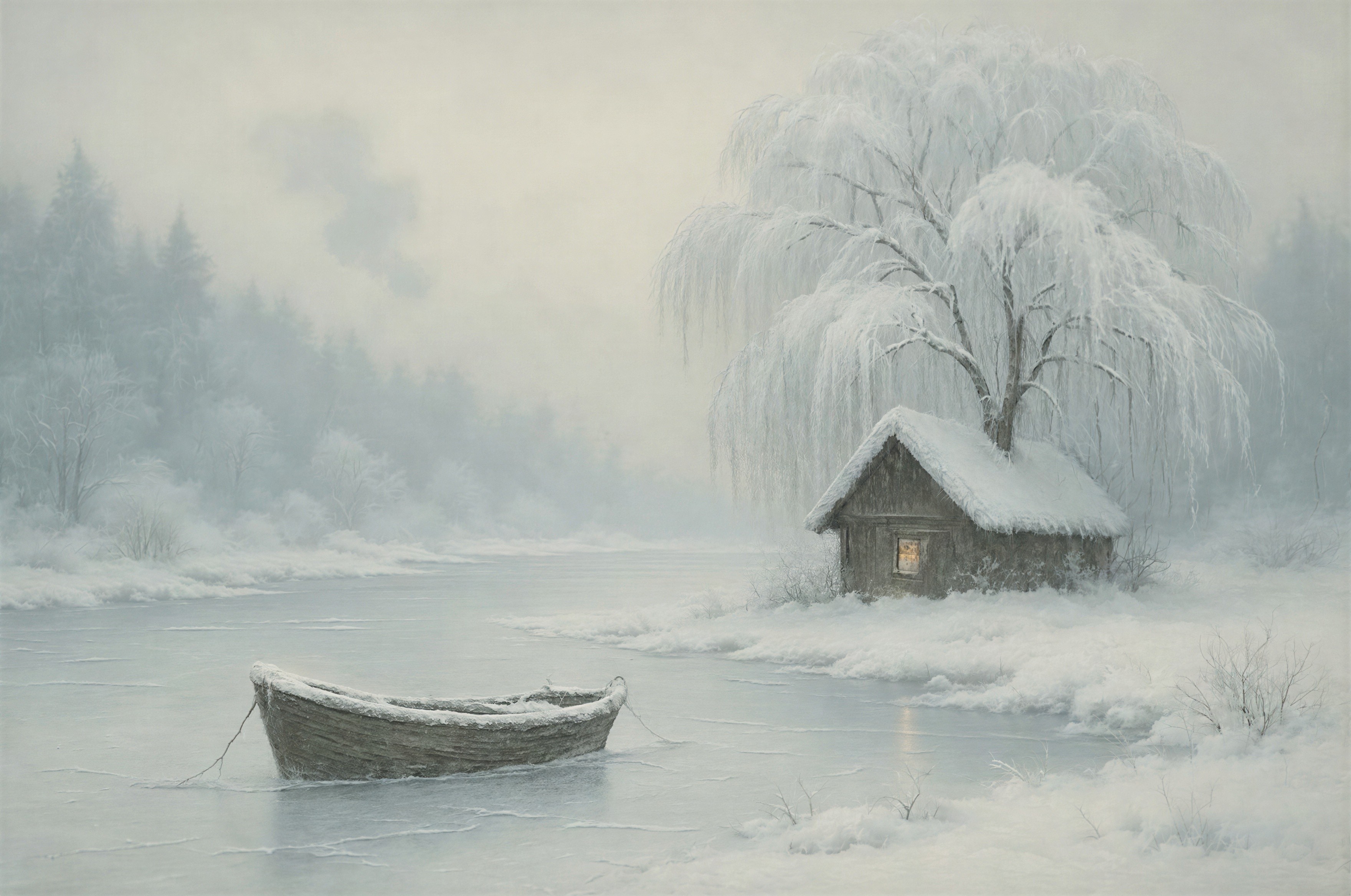 Tranquil Winter Landscape with Cabin and Willow Tree