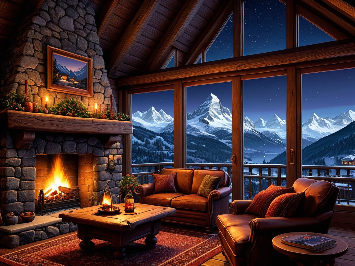 Cozy lodge with fireplace and snowy mountain view