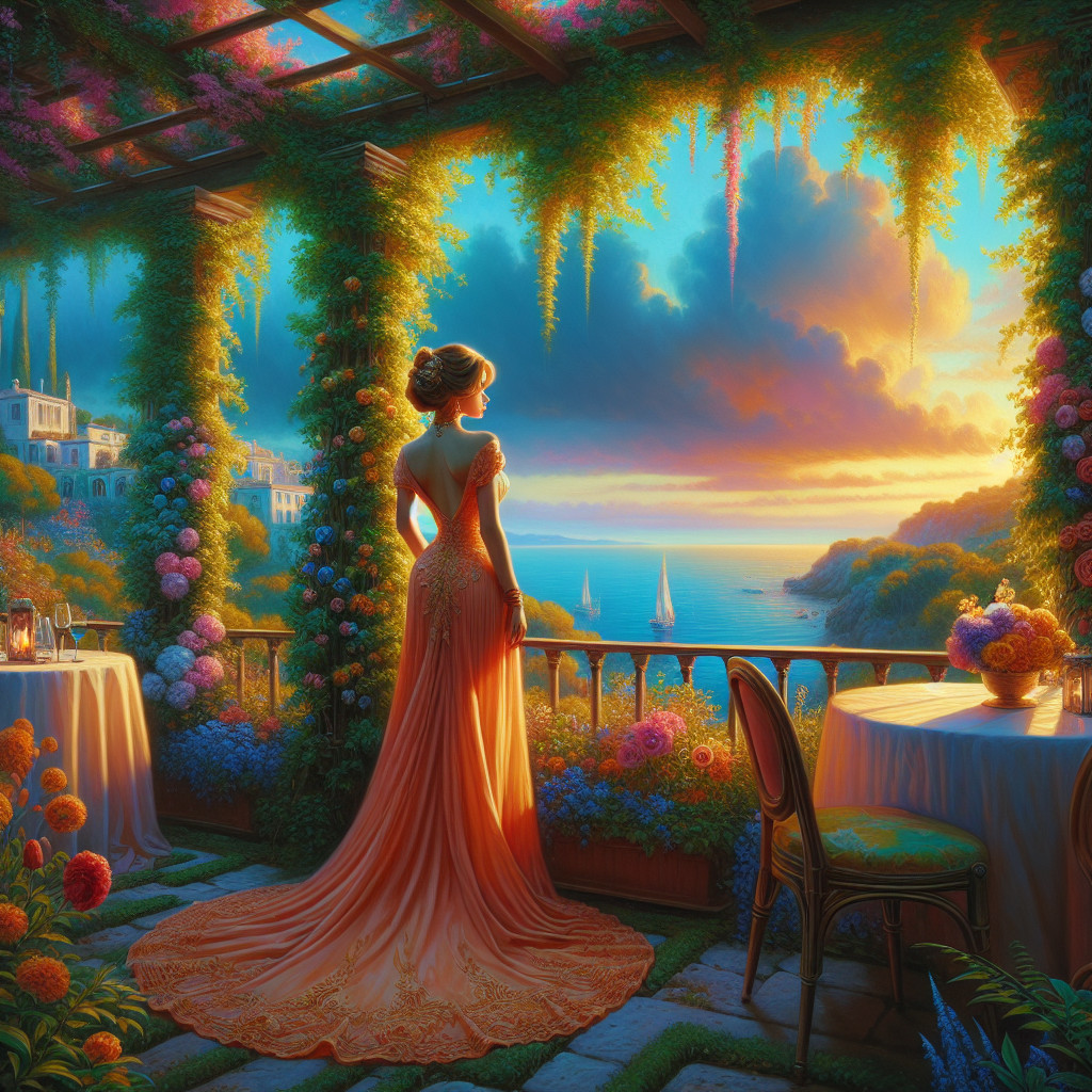 Elegant Woman on Balcony at Vibrant Sunset Over Sea