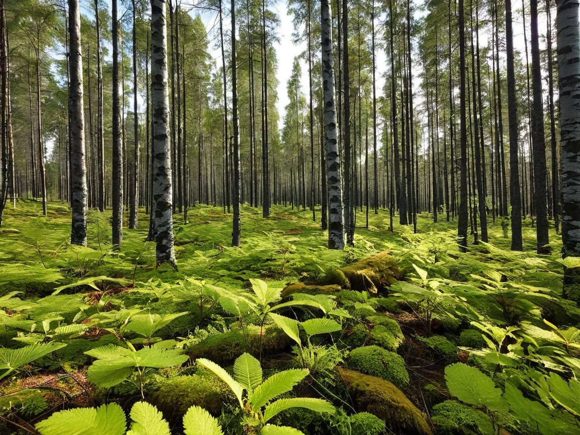 Tranquil Forest Scene with Tall Trees and Lush Foliage