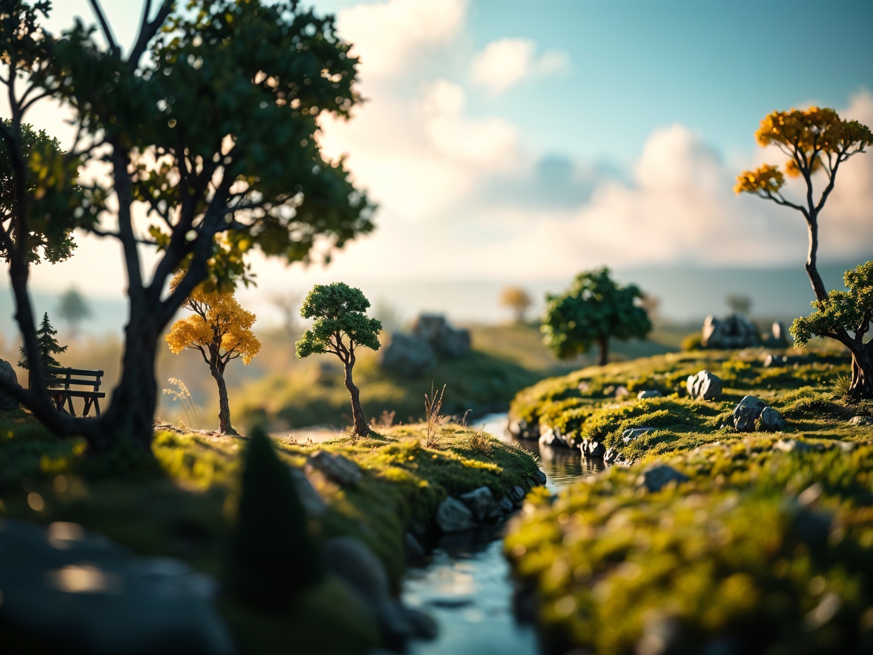 Serene Miniature Landscape with Hills and Stream