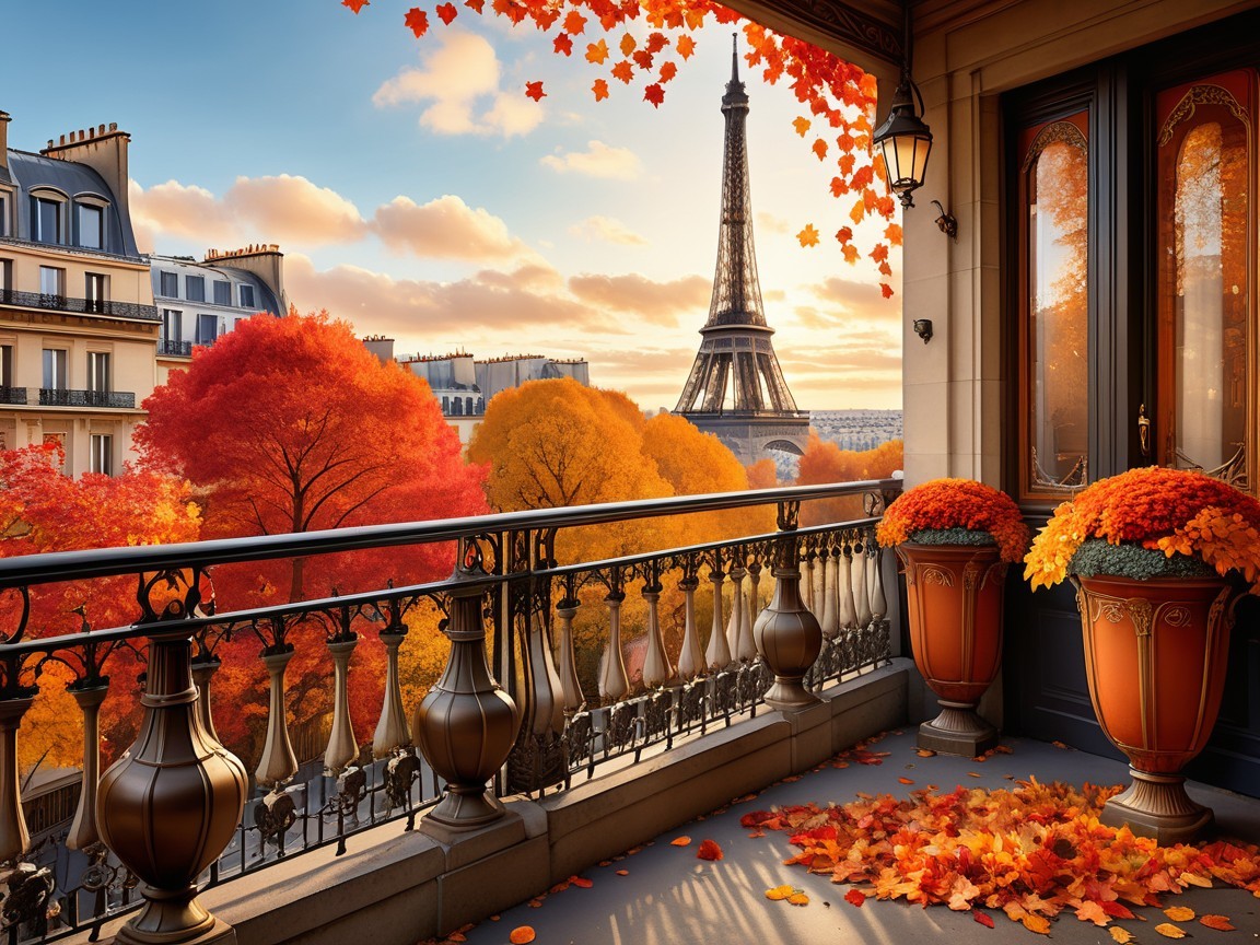 Charming Balcony View of Eiffel Tower in Autumn