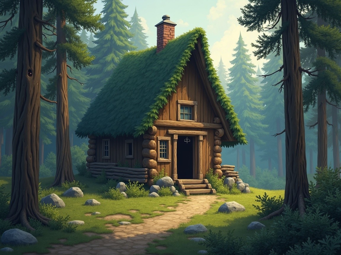 Log Cabin Surrounded by Lush Pine Trees and Serenity