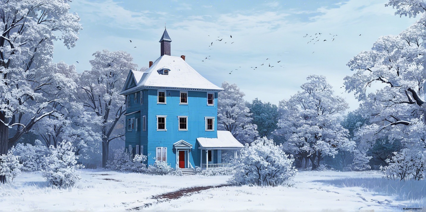 Blue House in Snowy Landscape with Red Door