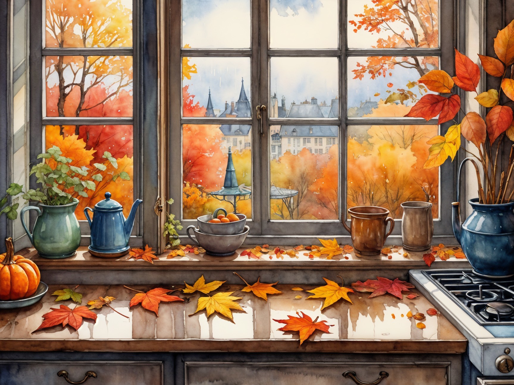 Cozy Kitchen Window Framed by Autumn Leaves
