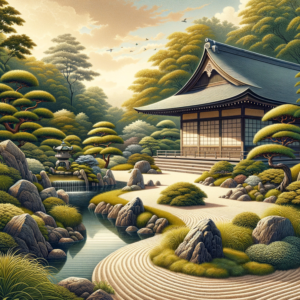 Serene Japanese Garden with Traditional Wooden Temple