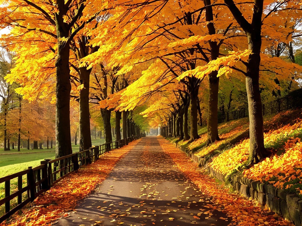 Autumn Landscape with Tree-Lined Pathway and Foliage