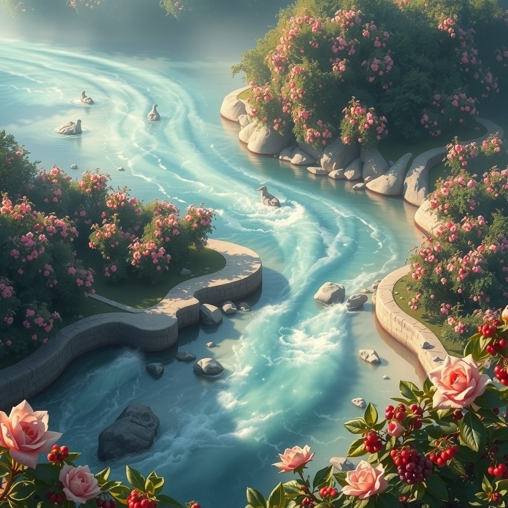 Serene River with Swans and Vibrant Pink Roses