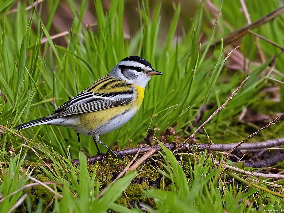 Small bird with yellow belly and striped head in grass