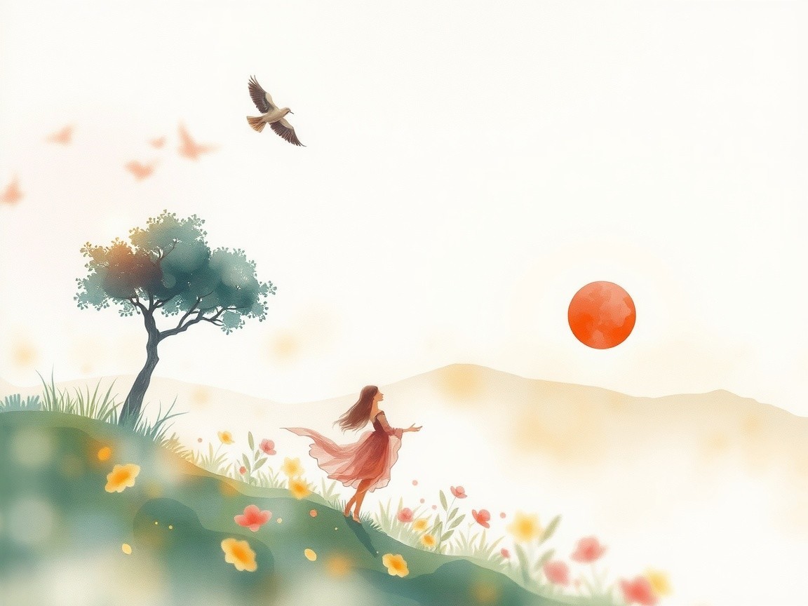 Serene Landscape with Woman in Red Dress at Sunset