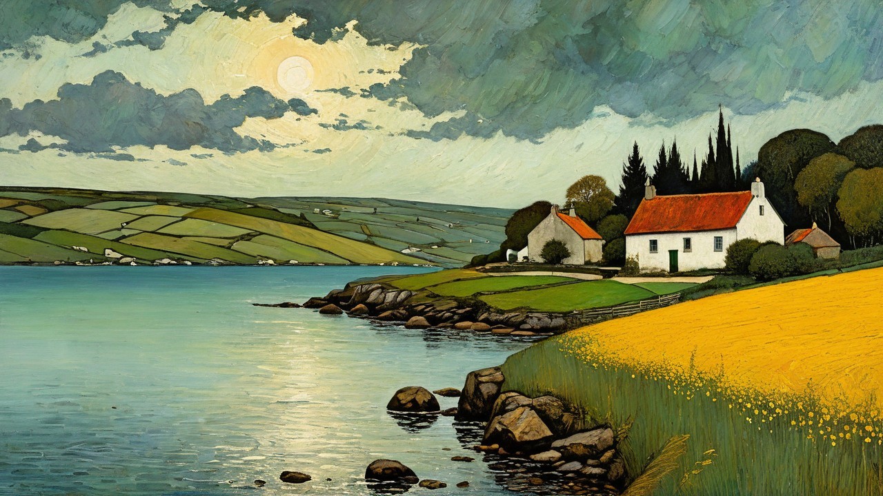 White House with Red Roof by Water and Fields