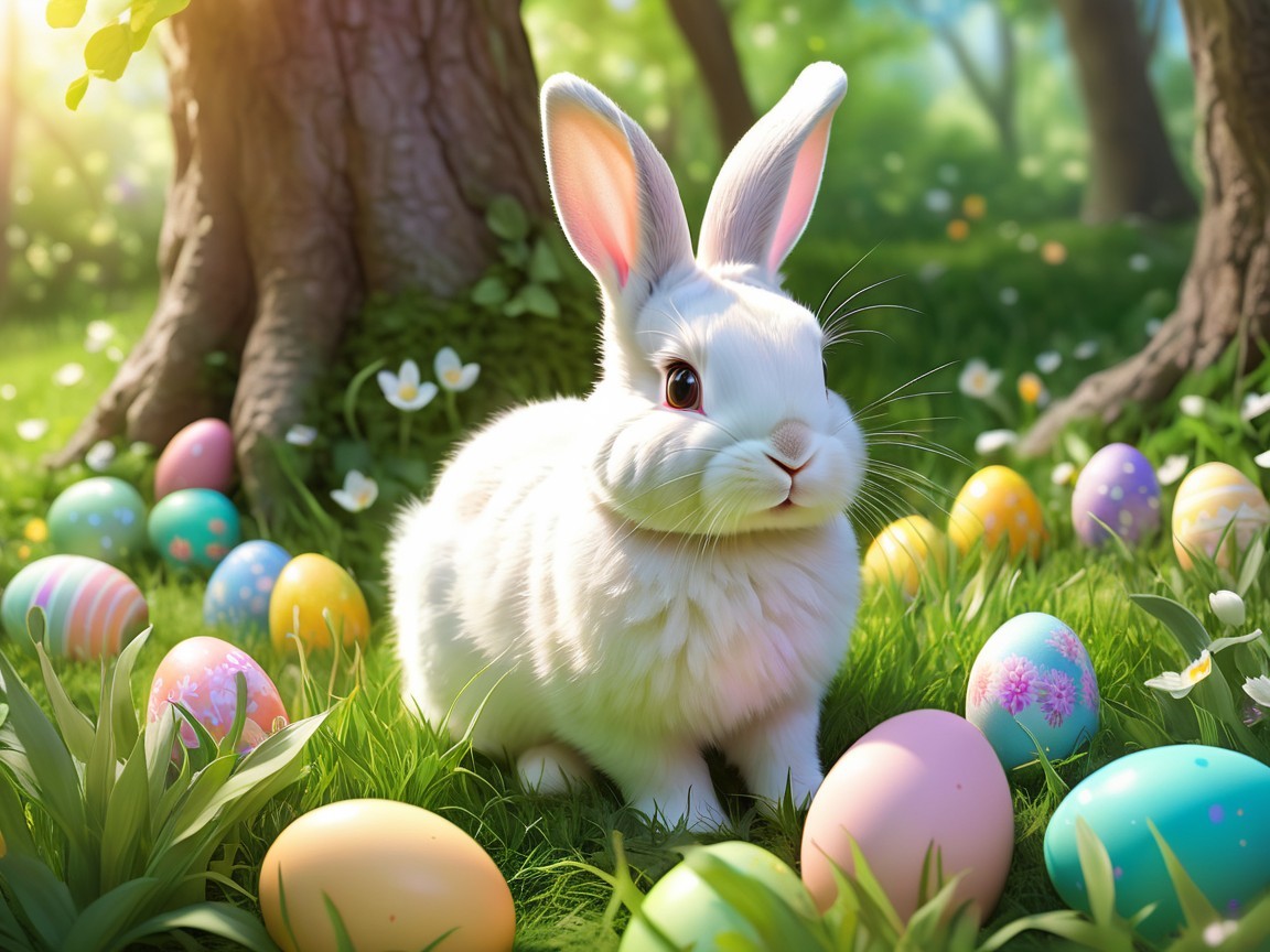 Fluffy Rabbit in Meadow with Colorful Easter Eggs
