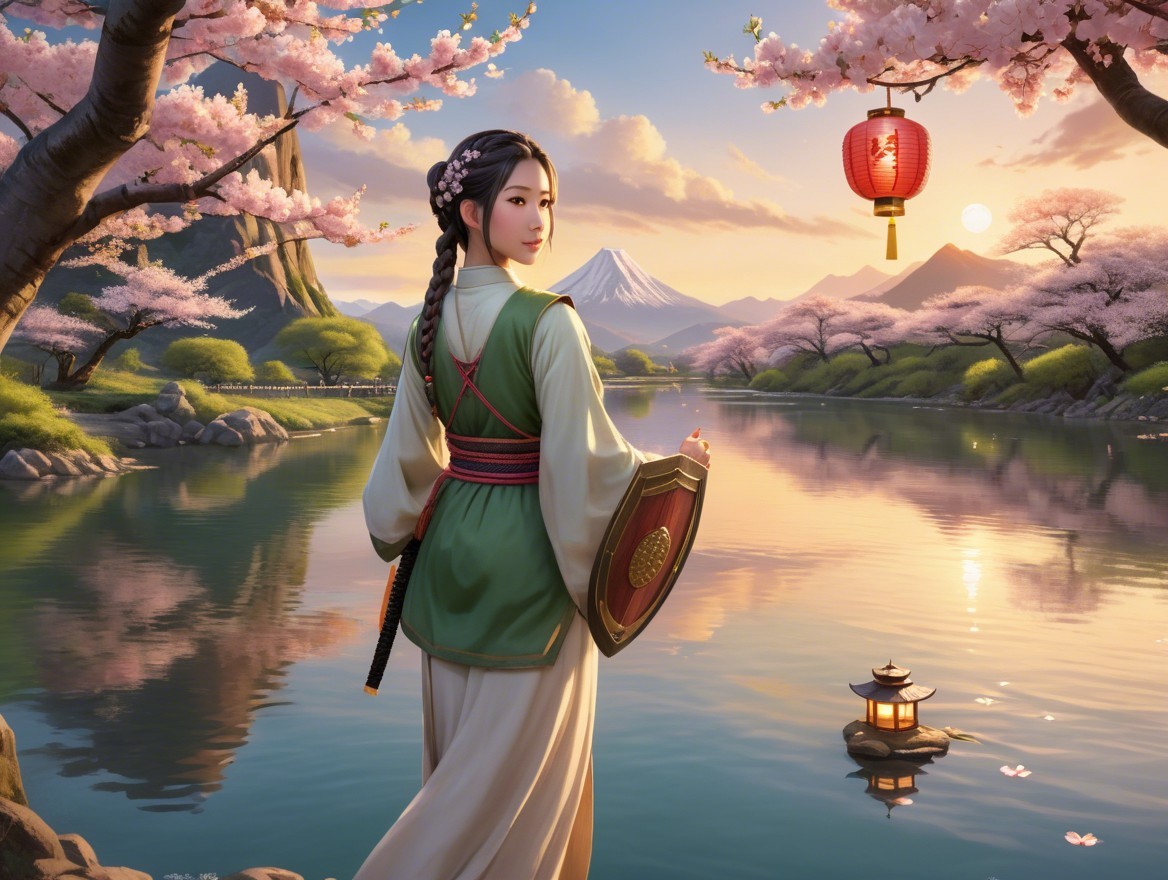 Serene landscape with woman by tranquil cherry lake