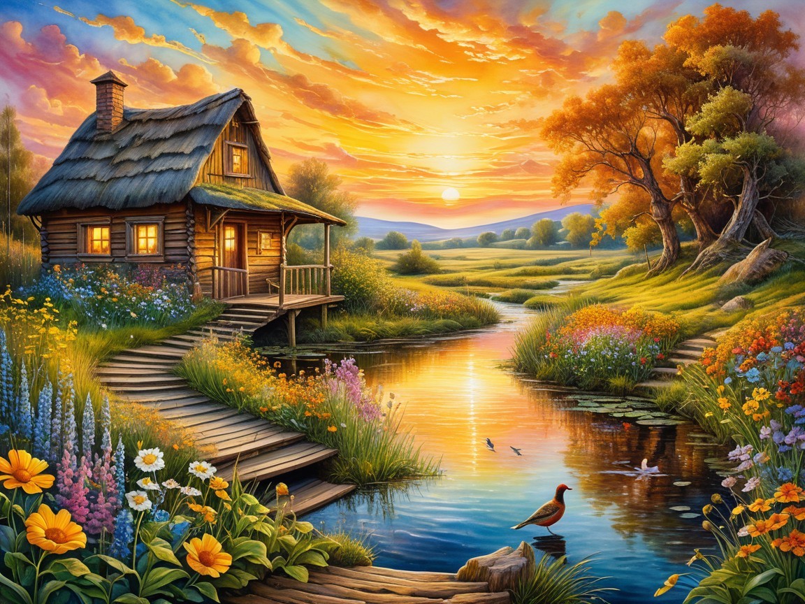 Log Cabin by Serene River at Sunset with Wildflowers
