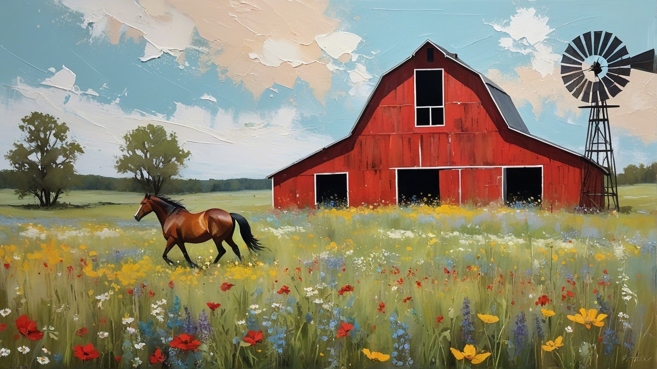 Vibrant Rural Landscape with Barn, Windmill, and Horse
