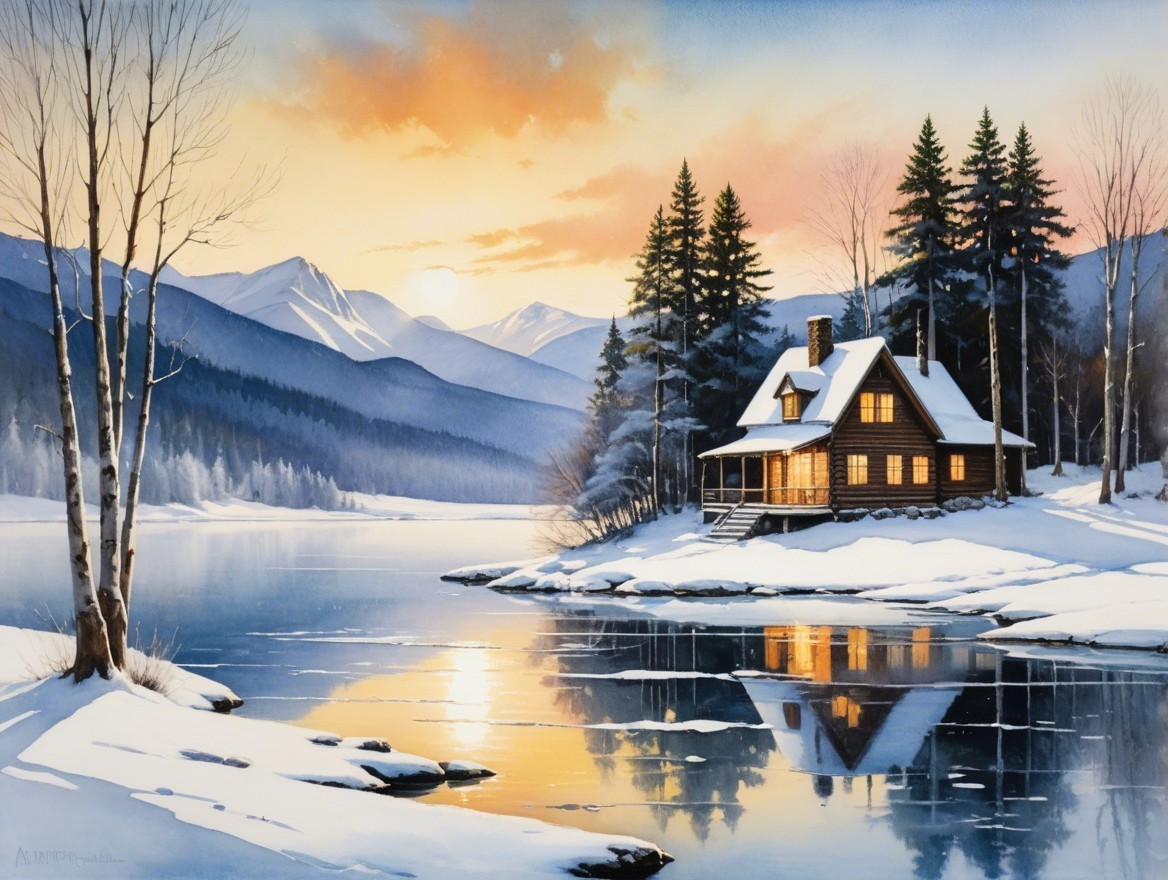 Winter Landscape with Log Cabin and Snowy Mountains
