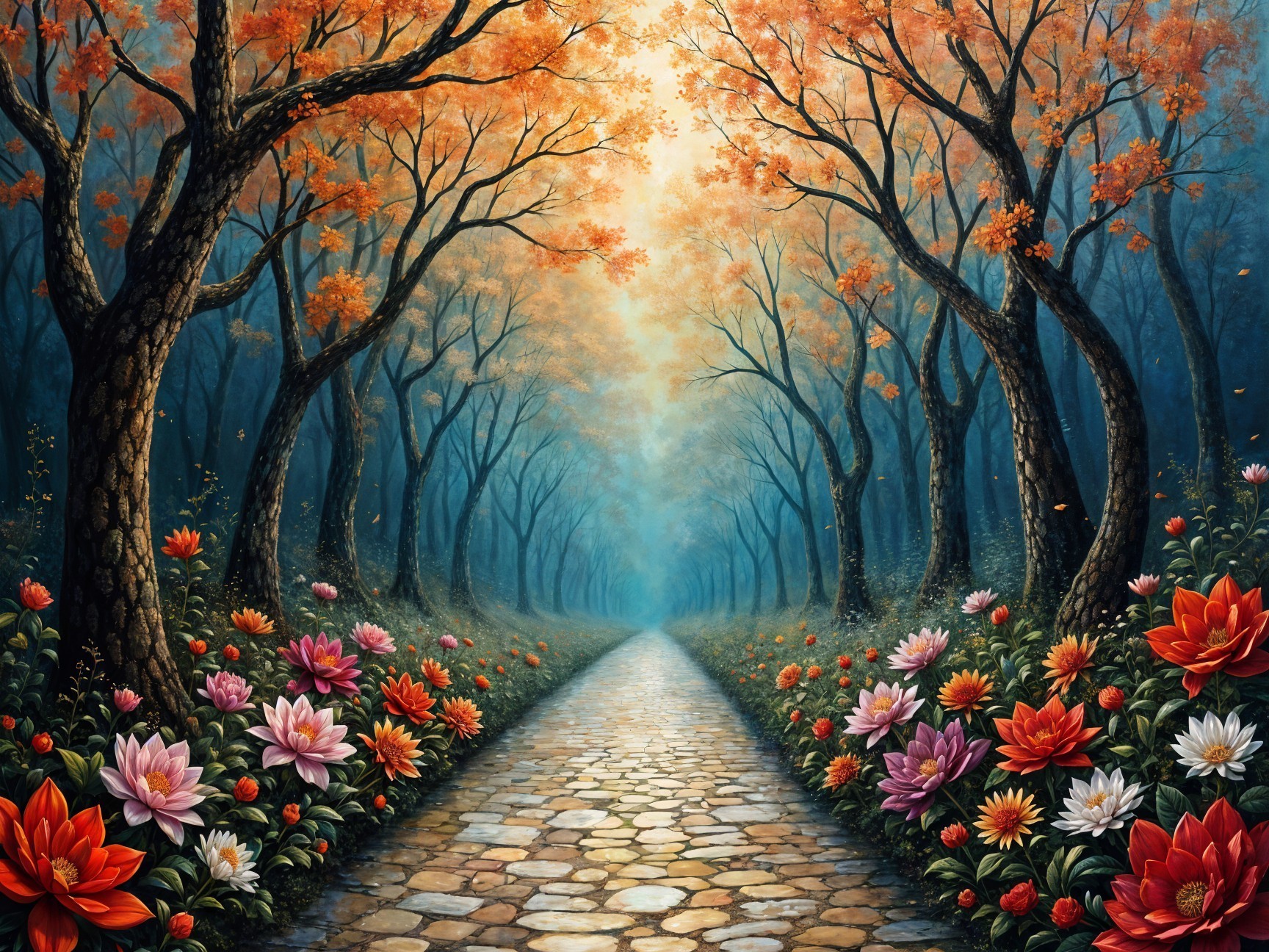 Serene Pathway in a Vibrant Autumn Forest
