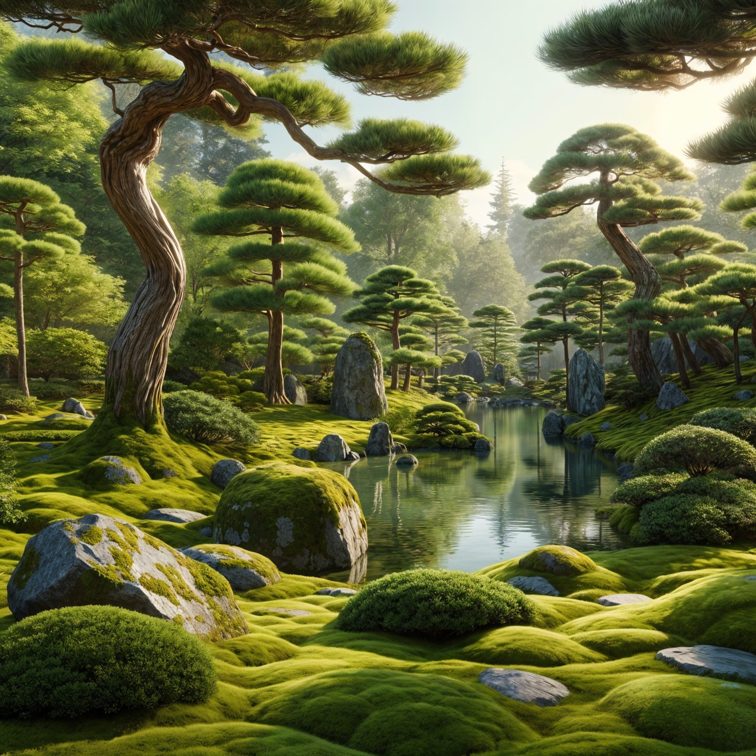 Serene Landscape with Moss, Pond, and Pine Trees
