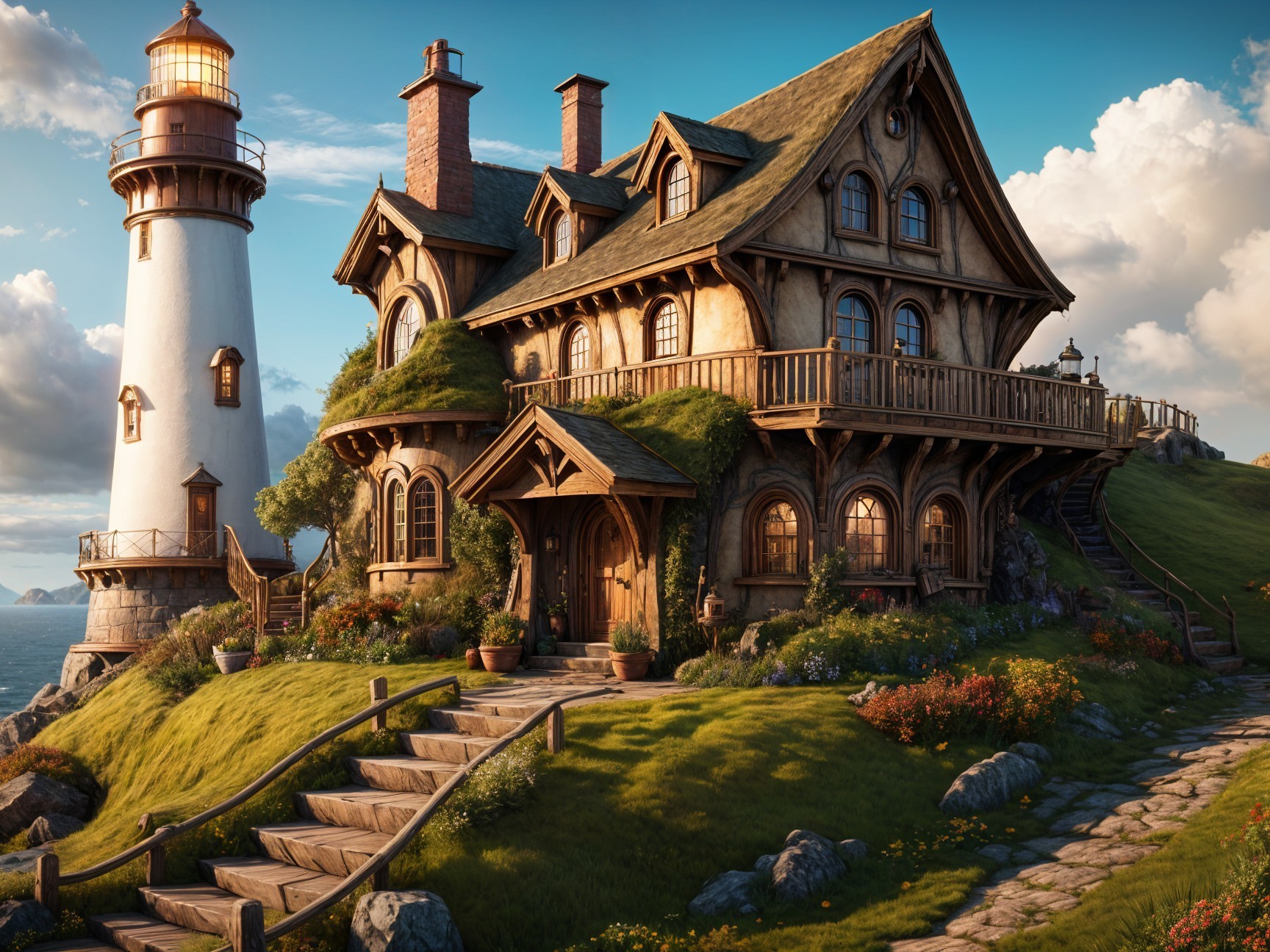 Whimsical House and Lighthouse on Grassy Hill