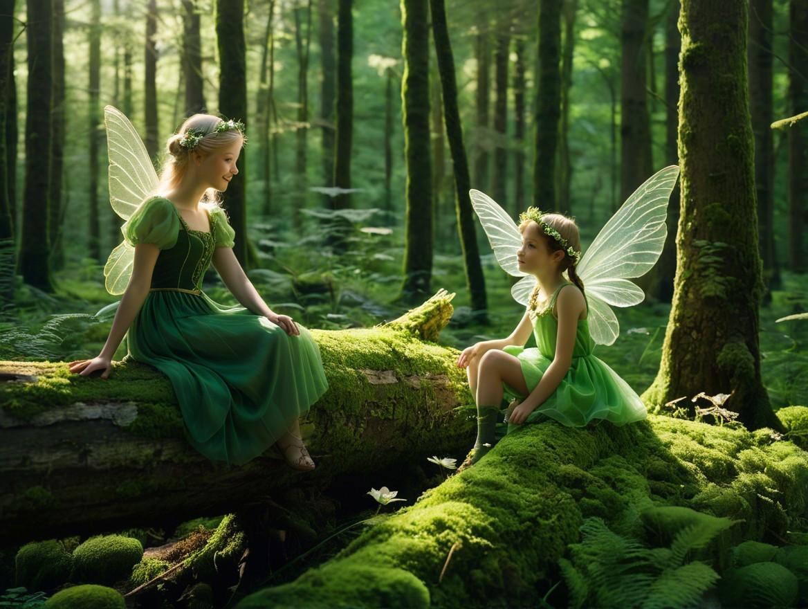 Young fairies in a sunlit forest setting