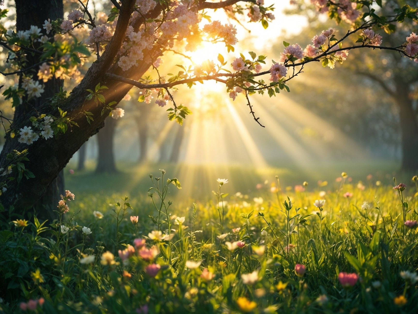 Serene Dawn Landscape with Blooming Tree and Meadow