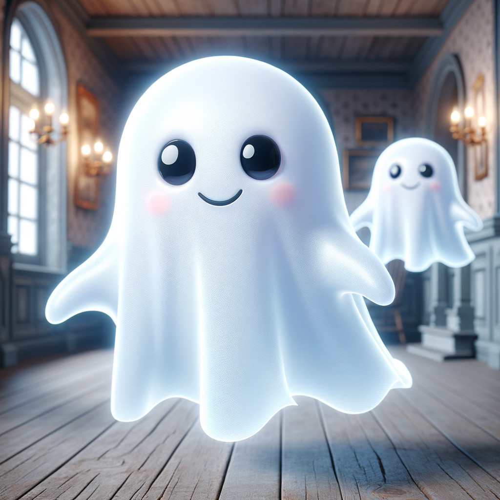 Cartoonish ghosts in a vintage room with soft light