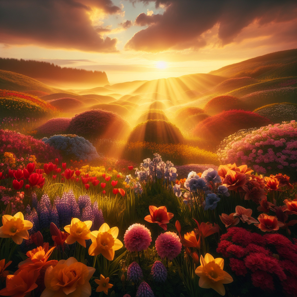 Sunset Landscape with Vibrant Flowers and Hills