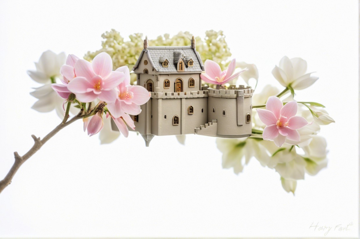 Miniature Castle Surrounded by Delicate Pink Flowers