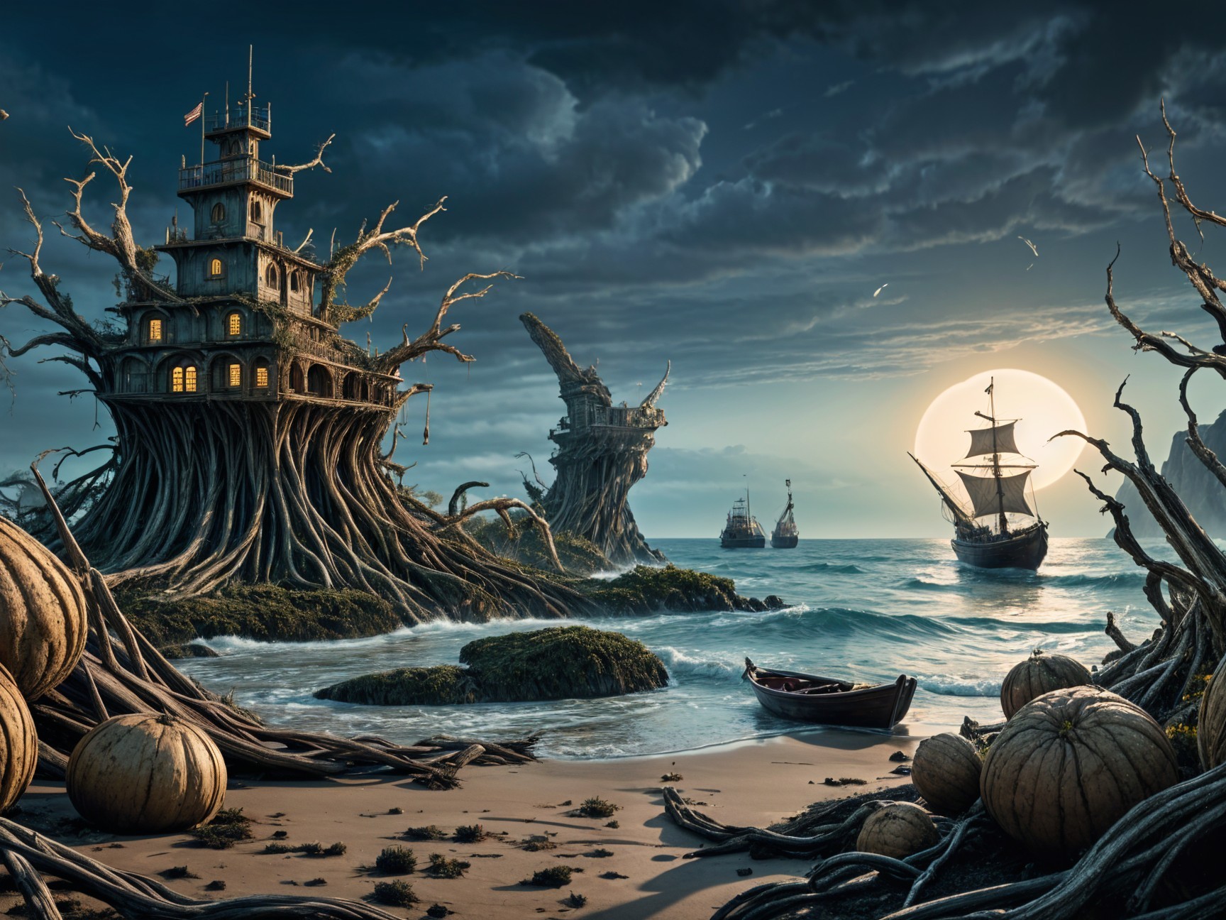 Whimsical Coastal Scene with Treehouse and Pumpkins