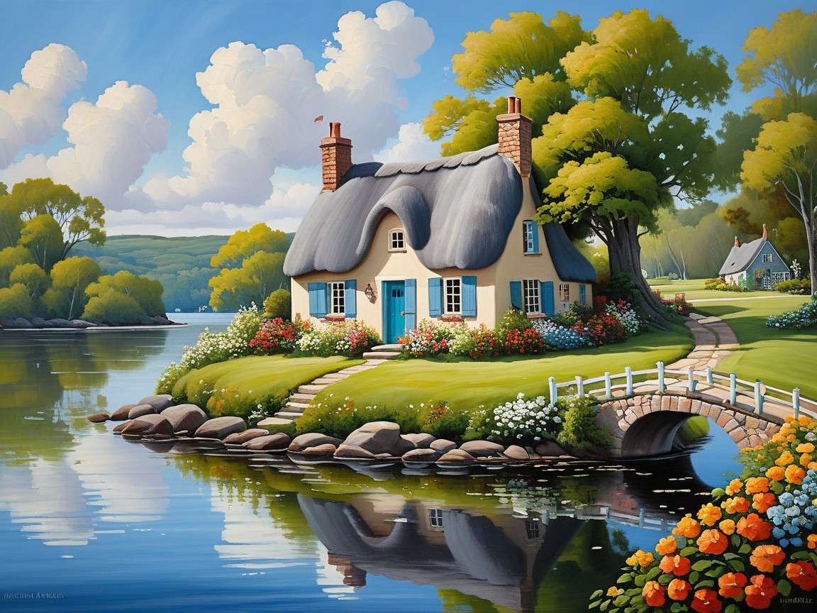 Charming Thatched Cottage by Serene Lakeside Landscape