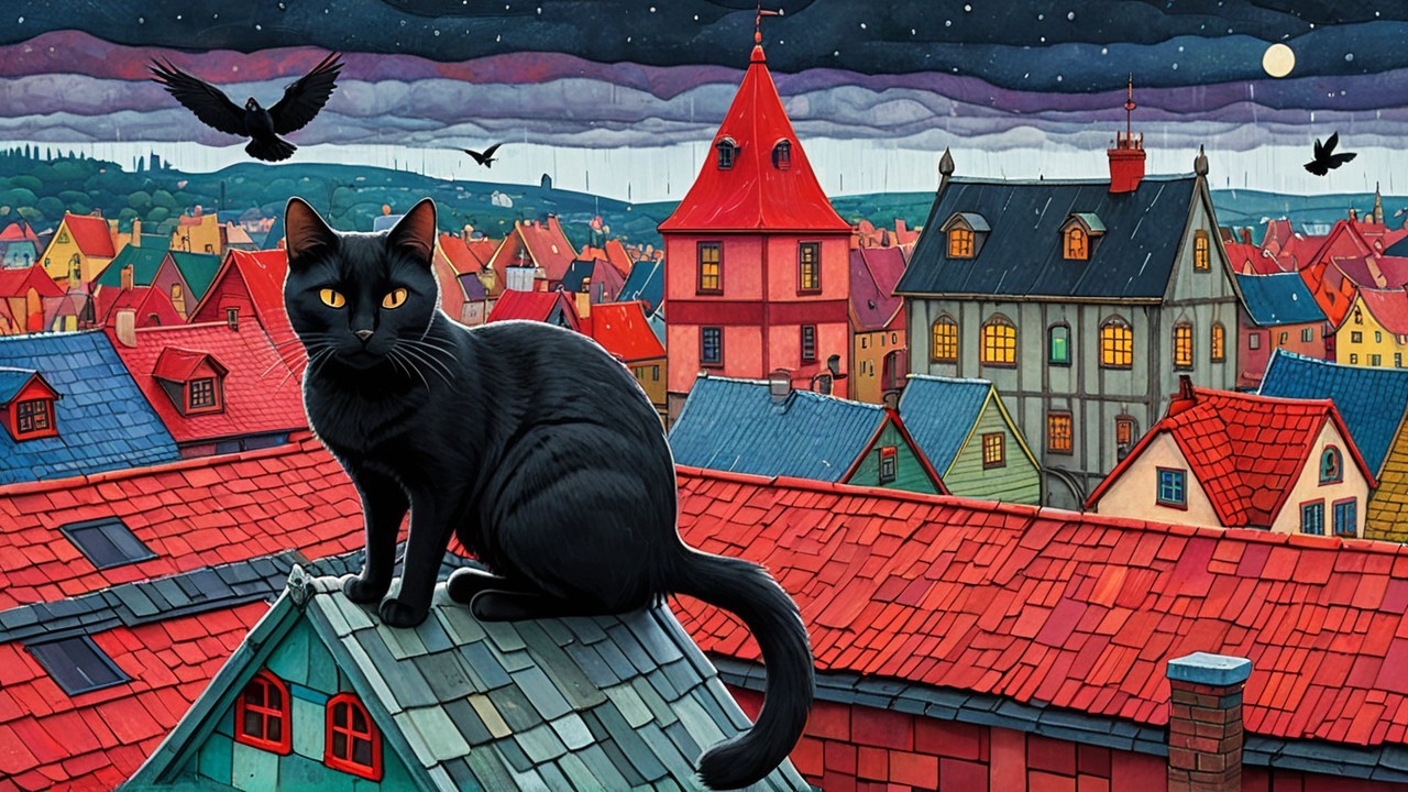 Black Cat on Red Roof Overlooking Colorful Town