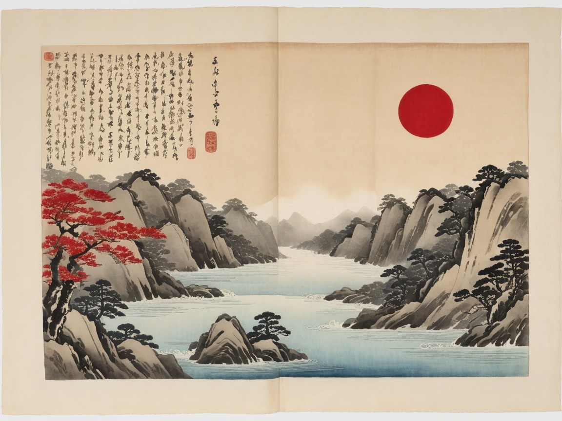 Serene Landscape with Mountains and Rivers at Sunset