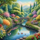Tranquil Garden with Stone Bridge and Serene River