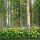 Serene forest scene with tall trees and wildflowers