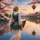 Serene landscape with woman by tranquil cherry lake