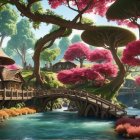 Serene Landscape with Wooden Houses and Waterfalls