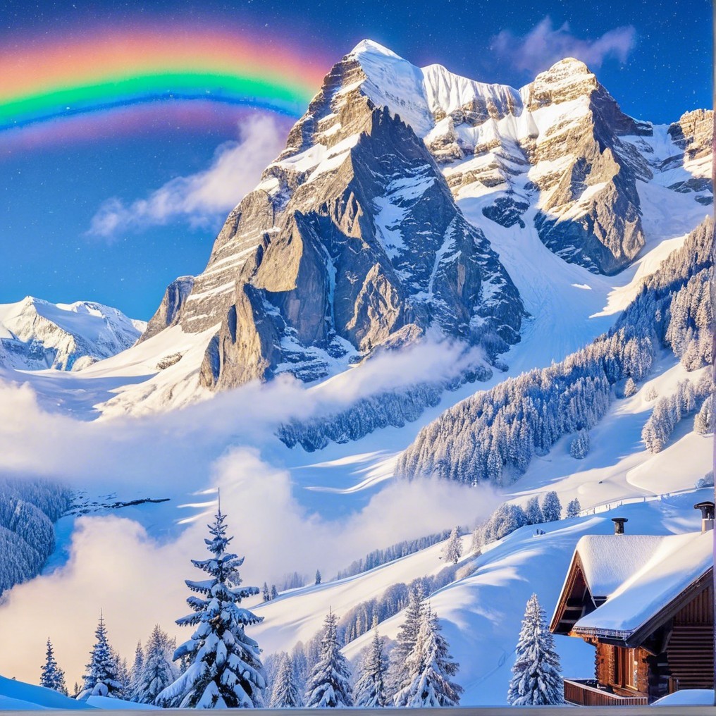 Winter Landscape with Snow-Covered Mountains and Rainbow